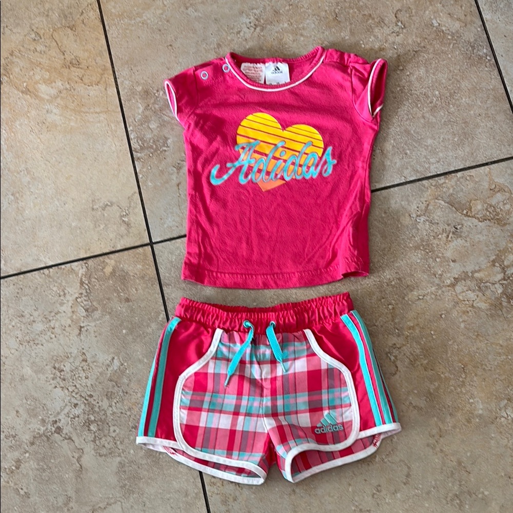 2 pic set Adidas Pink and Yellow Heart Tee with Plaid Shorts, 
size 12 months